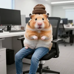 “ hamster wearing hipster clothing, skinny jeans, beanie on head, seated in a modern office environment ”