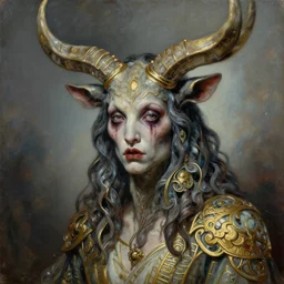 highly detailed sharp focus extremely hyperrealistic horrifying creepy 3 / 4 portrait oilpainting of minotaur lady mythical portrait by michael hussar in style of michael hussar and rene lalique artnouveau ceramic effect gild strips like ali franco's paintings memento mori 8 k