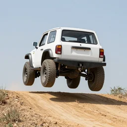 rear view of a classic off road race car jumping over a hill