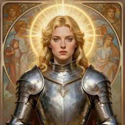 masterpiece head-on symmetrical centered painted portrait, Imogen Poots as a holy warrior, blonde hair, holy light halo, glorious, wearing full metal armour, elegant, distant, in the style of Guy Denning and Jeremy Mann and Ruan Jia and Artgerm and Edgar Maxence and Ross Tran and Michael Whelan and Mucha, 8k, octane render