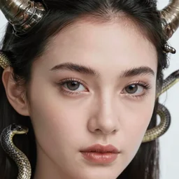 closeup portrait of a woman with intense eyes and horns!!! and snakes!!! attached to her head, closeup, studio lighting, backlit, golden hour, trending on artstation, spectacular photo, popular photo