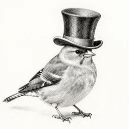 a chaffinch wearing a top hat, wearing a top hat, pencil sketch