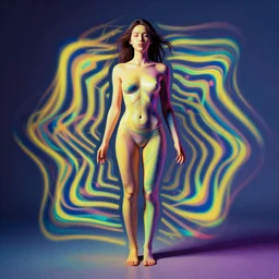 color studio photo of an impossible human female body, optical illusion