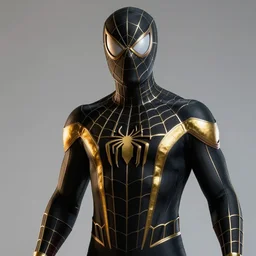 black spider - man suit with gold web lining, cinematic, volumetric lighting, realistic, hyperdetailed, photorealistic, photograph