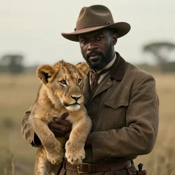 An Black 1920's explorer holding a lion cub in his hands arwork by Craig Mullins, artstation trending, cinematic lighting