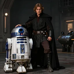 Rey Skywalker, dark side, ultra realistic, R2d2, Star Wars themed.