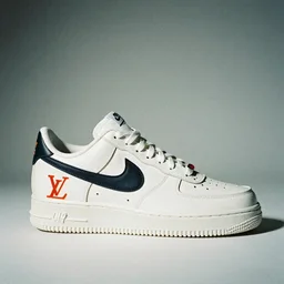 a studio photoshoot of A Nike sneaker designed by Virgil Abloh and Louis Vuitton, Off-White, realistic, color film photography by Tlyer Mitchell, 35 mm, graflex