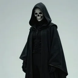 dark figure wearing black robe with subtle trim gold accents hooded skull cyberpunk bladerunner 2049 movie still (2017) Wayne Barlowe and Greg Rutkowski