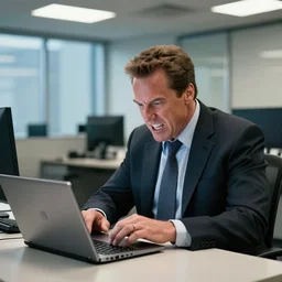 actor arnold schwarzenegger as conan the barbarian sitting at a desk, conan the barbarian as an office worker, in an office, inside an office building, sitting at a desk, angrily shouting at a laptop, angry at laptop, laptop computer, computer trouble, technical difficulties, software error, crisp lighting, corporate photography