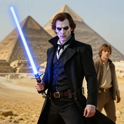 morbius. morbius!!!!!!!!!! morbius. morbius holding a lightsaber. and skywalker, pyramids in background.