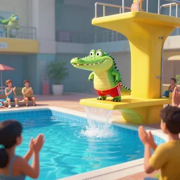 scene at the yellow 1 0 m tower of a swimming pool. a happy crocodile wearing red swimming shorts is jumping into the swimming pool from the 1 0 m high tower platform. people are applauding. cyberpunk rendering unreal engine 8 k
