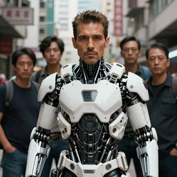 portrait of danny trejo in white metallic and robotic cyborg tactical gears, by jan van eyck, kim jung gi, james jean, in the street of mongkok, hong kong, craig mullins