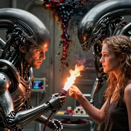 brett kavanaugh scene in the movie prometheus where alien lobotomizes humans as he watches. cyborg amy coney barrett applies flame probe to brett. alien goo cocoon harness. film grain. charred medical room. lens flare. color footage. closeup brett & amy faces : full 4 k color