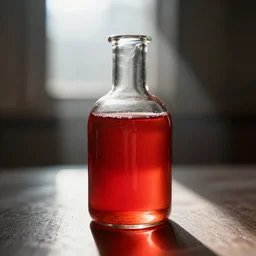 sunlight shining through a red healing potion, 4k photograph, neon red