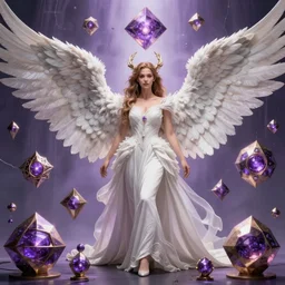 beautiful fantasy character portrait, ana de armas, ultra realistic, wide angle, intricate details, the fifth element artifacts, tesseracts, highlights of purple, highly detailed by peter mohrbacher, hajime sorayama, wayne barlowe, boris vallejo, paolo eleuteri serpieri, dishonored 2, white gown, angel wings
