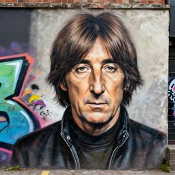 a graffiti drawing of john lennon on a wall, hd, hyper realistic, 4 k, intricate detail, highly detailed