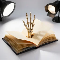 photo still of pop - up book despicting a skelleton hand emerging menancingly from the pages, 8 k, studio lighting bright ambient lighting key light, 8 5 mm f 1. 8