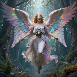 matte painting of a divine heavenly angel coming down from heaven, eyes covered with divine wings, fantasy forest, iridescent beetle, volumetric light, super colorful, by james zapata, sergey vasnev, trending on artstation, photorealistic, photography, intricate art