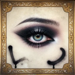 aesthetic eyes, only eye, heavy goth makeup, punk, alluring, traditional art nouveau border, large graffiti on a wall