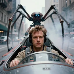 closeup portrait of a man piloting a spaceship in a smoky new york street, giant spider robot, by Annie Leibovitz and Steve McCurry, natural light, detailed face, CANON Eos C300, ƒ1.8, 35mm, 8K, medium-format print