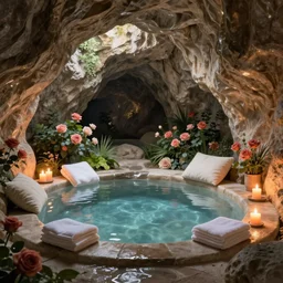 cozy, hotspring hidden in a cave, candlelight, towels, cushions, natural light, roses, lush plants and flowers, elegant, smooth cave rock, fantasy, atmospheric lighting, digital painting, Greg Rutkowski concept art