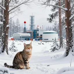 Large research complex in the distance, portrait of a snowy forest with a cat sitting on the forest floor