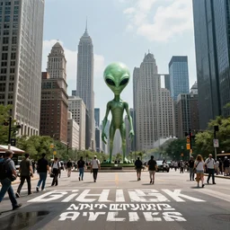 “An alien invasion happening over Chicago, photo real, 4k.”