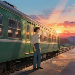 lone defeated man waiting for the train, 70s, dreamy, stanley kubrick the shinning, vibrant colors americana, cinematic, volumetric lighting, god rays, sunset, realistic, detailed, digital art, studio ghibli anime