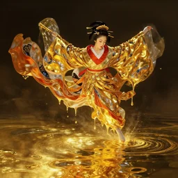 beautiful geisha flying over a lake filed with molten gold, volume lighting, concept art, by greg rutkowski, dramatic, xray melting colors!!