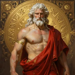 painted portrait of ruggedly handsome zeus greek god sensual by greg rutkowski craig mullins artgerm alphonse mucha red and gold, white hair muscular mature flowing robe greek motifs background fantasy intricate elegant detailed digital painting concept art artstation sharp focus illustration