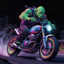 psychedelic blacklight neon airbrush artwork, motorcycle, hyper stylized cinematic action shot of an orc racing on a motorcycle, menacing orc, drifting, skidding, wheelie, clear focused details, soft airbrushed artwork, black background, post apocalypse, cgsociety, artstation