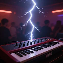 lightning coming from a korg synthesizer in a dance club, hyperrealistic, highly detailed, bokeh, dramatic lighting