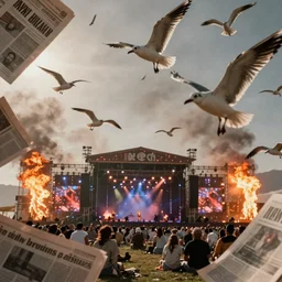 realistic cinematic views of a orwellian coachella with fires in the background and dead seagulls falling from the sky in front of the main stage, realistic, cinematic, newspaper, film grain, dramatic lighting, depth of field background by jim burns, misty, terror glow
