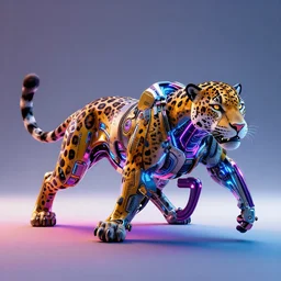 a neon cyberpunk cyborg jaguar animal pouncing, octane render