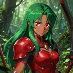 full anime portrait of beautiful archer lady in the jungle, face details, red leather armor, green hair, brownskin, redeyes, high fantasy, dnd, highly detailed, digital illustration, by kurone mishima, light novel art