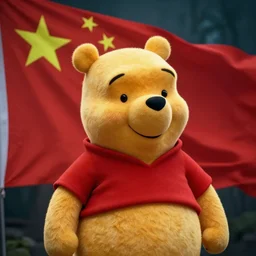 hyperrealistic, hdr, 4 k, 8 k, photograph, cinematic lighting, moody overtones, drawing of winnie the pooh in china, with a chinese flag behind him