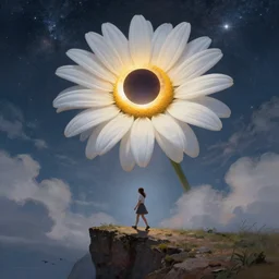 giant white daisy flower over head, girl walking on cliff, surreal photography, solar eclipse, milky way, dramatic light, impressionist painting, clouds, digital painting, artstation, james gilleard and liam wong and jeremy mann