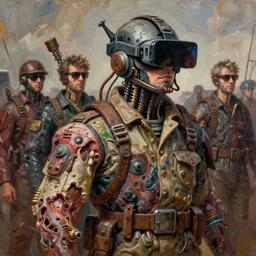 junky soldier, cybertronic gadgets and vr helmet, flesh + technology, durty colours, long shot, rotten textures, rusty shapes, biotechnology, norman rockwell, tim hildebrandt, dariusz zawadzki, bruce pennington, larry elmore, hyperrealistic oil painting on wood, deep depth field, masterpiece, cinematic composition, hyper - detailed, hd, hdr