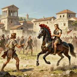 roman village during invasion with trojan horse
