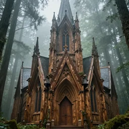 close up of an epic druid cathedral in a forest made of wood, raining, light mist, trending on artstation, artwork by brom