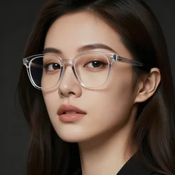 woman with translucent eyeglass frames