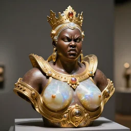 iridescent tanslucent onyx and gold bust of angry futuristic obese cybernetic black girl empress, museum piece, lens distortion