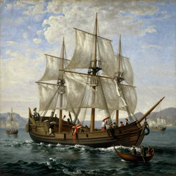 painting of portuguese caravelas arriving in brazilian coast in 1500, in the style of Benjamin West