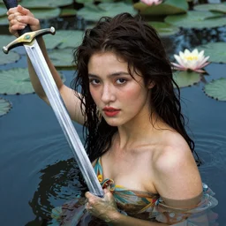 under the water in lily pond, portrait of a beautiful woman with sword, high detail, vibrant colors, face, by gaston bussiere, bayard wu, greg rutkowski, auguste bourotte, bastien deharme, masterpiece, sharp focus, cinematic lightning