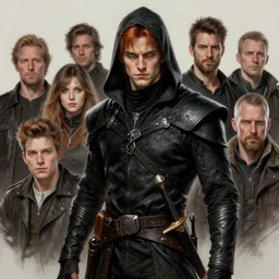 male rogue, gray - green eyes, black assassins clothes, fair auburn hair, blade on his waist | | realistic shaded, fine details, realistic shaded lighting painting by greg rutkowski, diego gisbert llorens, magali villeneuve, artgerm, jeremy lipkin, michael garmash, rob rey
