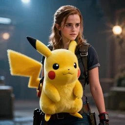 emma watson as pikachu in gears of war, movie still, cinematic lighting, dramatic, octane render, long lens, shallow depth of field, bokeh, anamorphic lens flare, 8 k, hyper detailed, 3 5 mm film grain