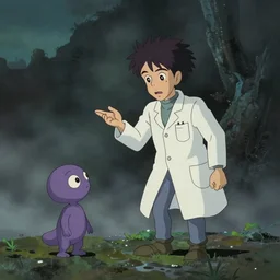 hyperrealist cel - shaded studio ghibli cartoon of a skinny grey scientist talking to a small purple alien from howl's moving castle ( 2 0 0 4 ). flooded, moody, misty, depth perception.