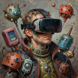 junky, cybertronic gadgets and vr helmet, durty colours, rotten textures, rusty shapes, biotechnology, norman rockwell, tim hildebrandt, dariusz zawadzki, bruce pennington, larry elmore, intricate complicity, hyperrealistic oil painting on canvas, deep depth field, masterpiece, cinematic composition, hyper - detailed