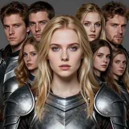 fantasy RPG symmetrical portrait, centered shoulders up view, kagney linn karter as a young blonde woman, blonde hair, blue eyes, not wearing level 1 plate armour, pale skin, 4k, by wlop, artgerm, andrei riabovitchev, nuri iyem, james gurney, james jean, greg rutkowski, highly detailed, soft lighting 8k resolution