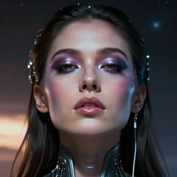 celestial goddess facial portrait, legendary epic shot, 90s make-up, galaxy space hunter, cyber implants, wires, low angle, dawn, by artgerm, julie bell, beeple and Greg Rutkowski, airbrush, science fantasy, 90s, concept art, realistic matte painting, Smooth gradients, octane render, 8k, High contrast, duo tone, depth of field, volumetric lightning, very coherent, symmetrical, skin pore detail